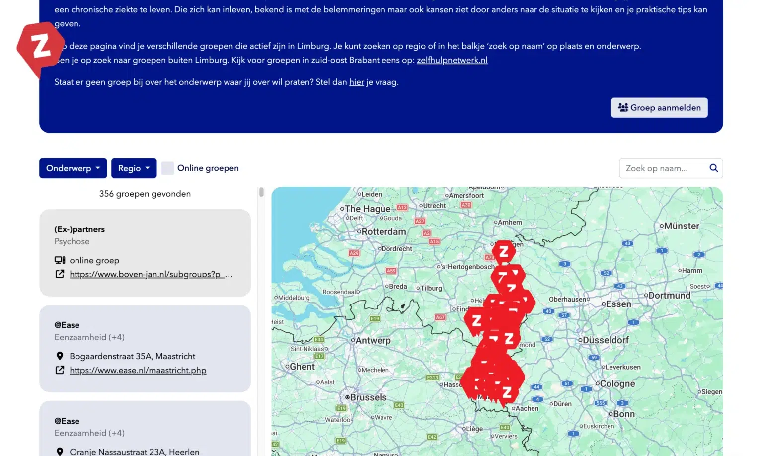 Zelfregietool overzicht van groepen in de regio via een Google Maps kaart